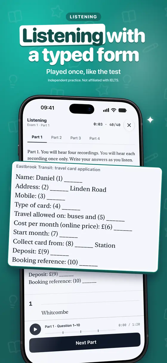 An IELTS Listening paper with a form to complete while the recording plays.