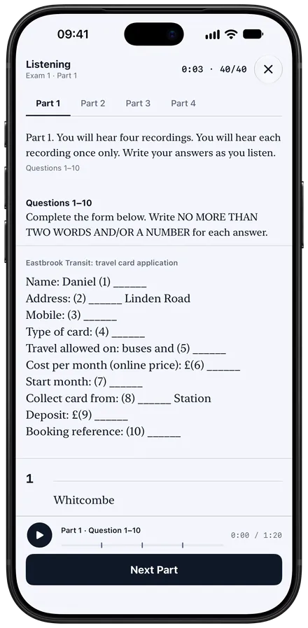 An IELTS Listening paper on iPhone: a travel card form to complete while the recording plays.