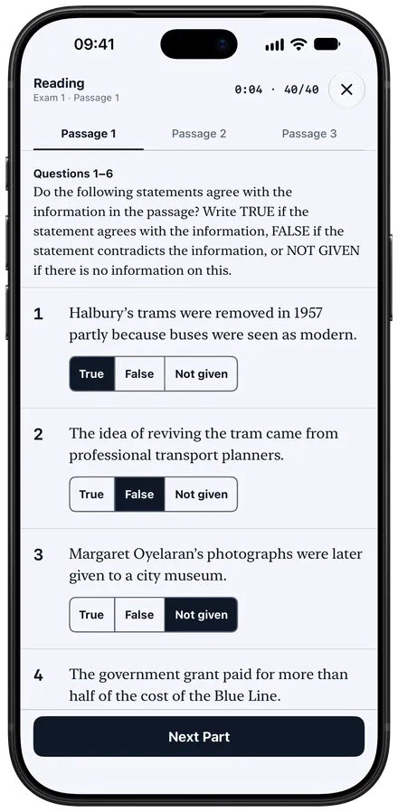 An IELTS Reading passage on iPhone with True, False, Not given questions and the timer.