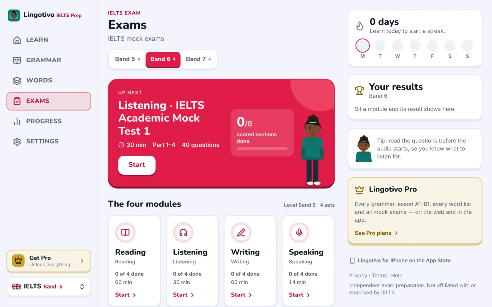 The IELTS course on ielts.lingotivo.com in a browser: the exams page with the next paper, the four modules and the mock exams.